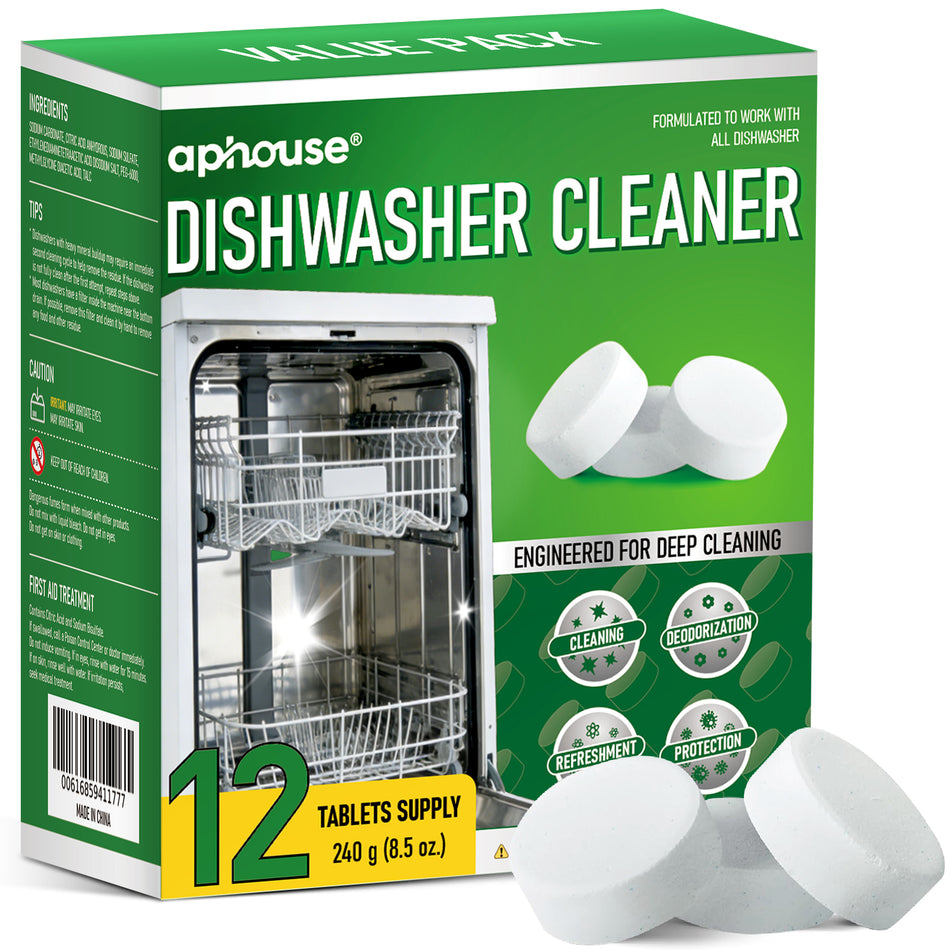 aphouse Dishwasher Cleaner And Deodorizer 12 Tablets, Deep Cleaning Descaler Pods for Dish Washer Machine, Heavy Duty, Septic Safe, Helps Power Away Odor Causing Bacteria, Limescale